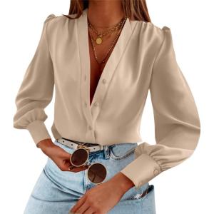 imageWomens Business Casual Tops Summer Long Sleeve Silk Button Down Shirts V Neck Chiffon BlousesAchampagne