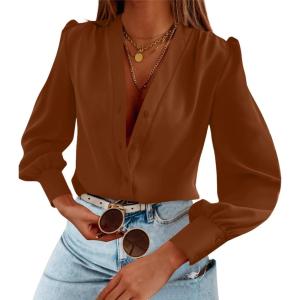 imageWomens Business Casual Tops Summer Long Sleeve Silk Button Down Shirts V Neck Chiffon BlousesAcoffee