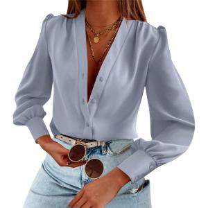 imageWomens Business Casual Tops Summer Long Sleeve Silk Button Down Shirts V Neck Chiffon BlousesAgrey Blue