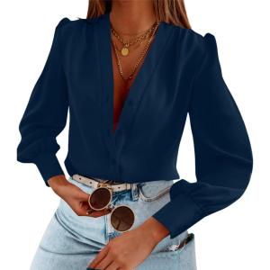 imageWomens Business Casual Tops Summer Long Sleeve Silk Button Down Shirts V Neck Chiffon BlousesAnavy