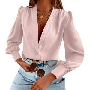 imageWomens Business Casual Tops Summer Long Sleeve Silk Button Down Shirts V Neck Chiffon BlousesApink