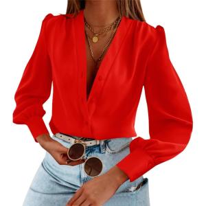 imageWomens Business Casual Tops Summer Long Sleeve Silk Button Down Shirts V Neck Chiffon BlousesAred