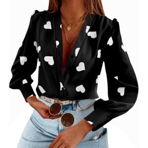 imageWomens Business Casual Tops Summer Long Sleeve Silk Button Down Shirts V Neck Chiffon BlousesXblack