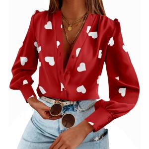 imageWomens Business Casual Tops Summer Long Sleeve Silk Button Down Shirts V Neck Chiffon BlousesXred