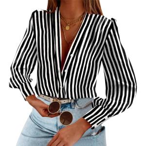 imageWomens Business Casual Tops Summer Long Sleeve Silk Button Down Shirts V Neck Chiffon BlousesYblack