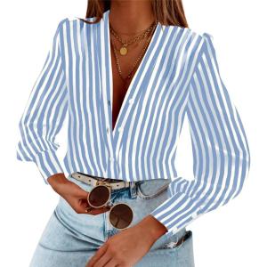 imageWomens Business Casual Tops Summer Long Sleeve Silk Button Down Shirts V Neck Chiffon BlousesYblue