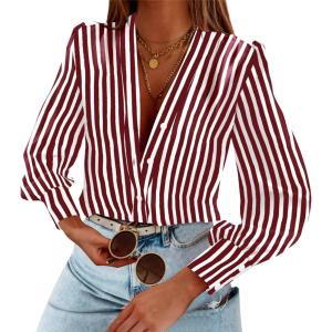 imageWomens Business Casual Tops Summer Long Sleeve Silk Button Down Shirts V Neck Chiffon BlousesYwine Red