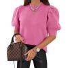 imageWomens Puff Short Sleeve Sweater Tops 2025 Spring Summer Trendy Crew Neck Casual T Shirts BlousesBright Pink