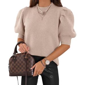 imageWomens Puff Short Sleeve Sweater Tops 2025 Spring Summer Trendy Crew Neck Casual T Shirts BlousesBeige