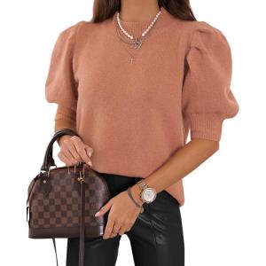 imageWomens Puff Short Sleeve Sweater Tops 2025 Spring Summer Trendy Crew Neck Casual T Shirts BlousesBrown