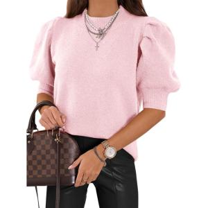 imageWomens Puff Short Sleeve Sweater Tops 2025 Spring Summer Trendy Crew Neck Casual T Shirts BlousesLight Pink