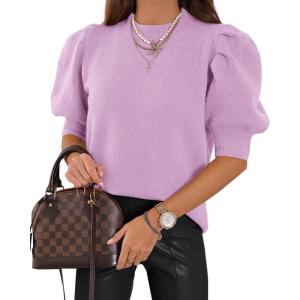 imageWomens Puff Short Sleeve Sweater Tops 2025 Spring Summer Trendy Crew Neck Casual T Shirts BlousesLilac