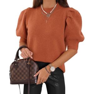 imageWomens Puff Short Sleeve Sweater Tops 2025 Spring Summer Trendy Crew Neck Casual T Shirts BlousesOrange