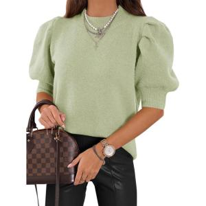 imageWomens Puff Short Sleeve Sweater Tops 2025 Spring Summer Trendy Crew Neck Casual T Shirts BlousesPea Green