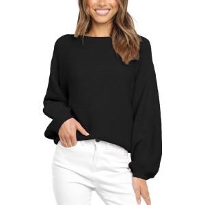 imageCoololi Womens Puff Sleeve Knit Pullover Ribbed Sweaters Crewneck Oversized Loose Casual Cozy Soft Slouchy Sweater TopsBlack