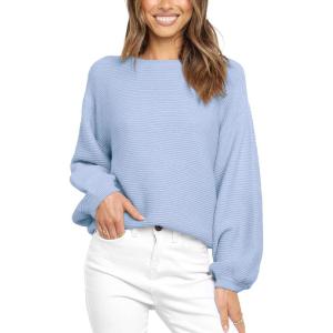 imageCoololi Womens Puff Sleeve Knit Pullover Ribbed Sweaters Crewneck Oversized Loose Casual Cozy Soft Slouchy Sweater TopsBlue