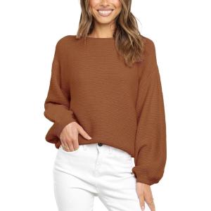 imageCoololi Womens Puff Sleeve Knit Pullover Ribbed Sweaters Crewneck Oversized Loose Casual Cozy Soft Slouchy Sweater TopsBrown