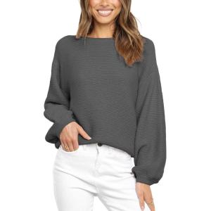 imageCoololi Womens Puff Sleeve Knit Pullover Ribbed Sweaters Crewneck Oversized Loose Casual Cozy Soft Slouchy Sweater TopsGray