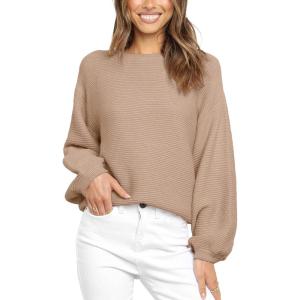 imageCoololi Womens Puff Sleeve Knit Pullover Ribbed Sweaters Crewneck Oversized Loose Casual Cozy Soft Slouchy Sweater TopsKhaki
