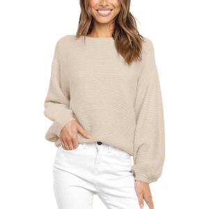 imageCoololi Womens Puff Sleeve Knit Pullover Ribbed Sweaters Crewneck Oversized Loose Casual Cozy Soft Slouchy Sweater TopsLight Brown