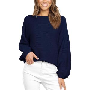 imageCoololi Womens Puff Sleeve Knit Pullover Ribbed Sweaters Crewneck Oversized Loose Casual Cozy Soft Slouchy Sweater TopsNavy