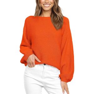imageCoololi Womens Puff Sleeve Knit Pullover Ribbed Sweaters Crewneck Oversized Loose Casual Cozy Soft Slouchy Sweater TopsOrange