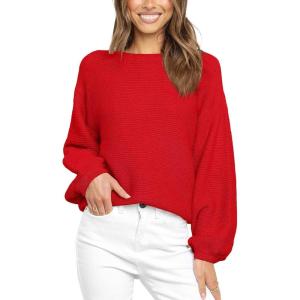imageCoololi Womens Puff Sleeve Knit Pullover Ribbed Sweaters Crewneck Oversized Loose Casual Cozy Soft Slouchy Sweater TopsRed