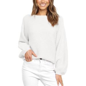 imageCoololi Womens Puff Sleeve Knit Pullover Ribbed Sweaters Crewneck Oversized Loose Casual Cozy Soft Slouchy Sweater TopsWhite
